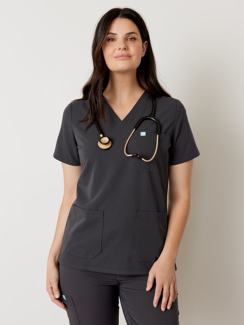 CHLOE RE-GARDE™ - CHARCOAL - Three Pockets Scrub Top - SILVADUR™