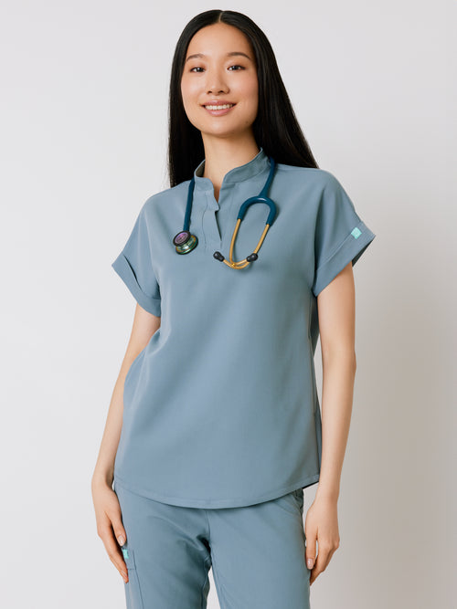 CHARLIE RE-GARDE™ - OCEAN GREY - Mandarine Collar Scrub Top - SILVADUR™