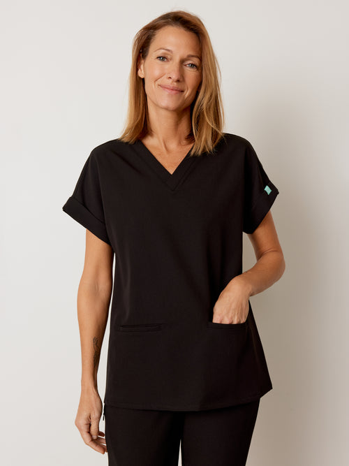 HALLI RE-GARDE™ - BLACK - Loose Fit Scrub Top - SILVADUR™