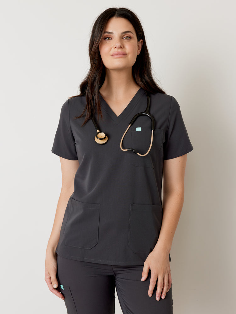 CHLOE RE-GARDE™ - CHARCOAL - Three Pockets Scrub Top - SILVADUR™