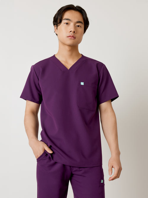 LOGAN RE-GARDE™ - PLUM - One Pocket Men's Scrub Top - SILVADUR™