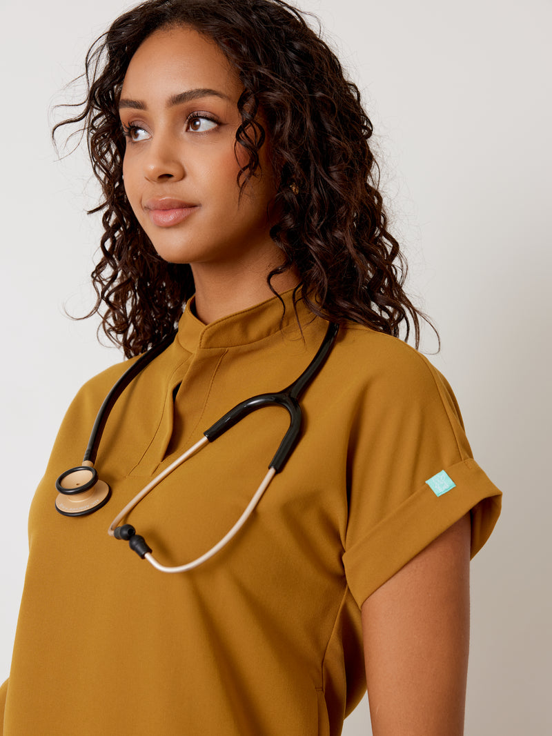 CHARLIE RE-GARDE™ - BRONZE - Mandarine Collar Scrub Top - SILVADUR™