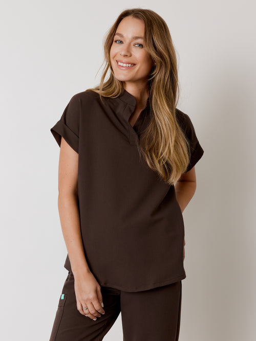 CHARLIE RE-GARDE™ - CHOCOLATE - Mandarine Collar Scrub Top - SILVADUR™