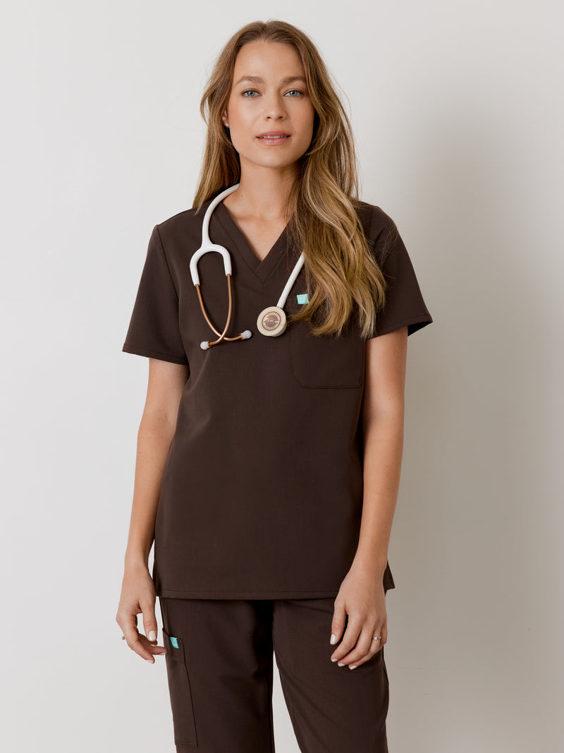 GABRIELLE RE-GARDE™ - CHOCOLATE - One Pocket Scrub Top - SILVADUR™