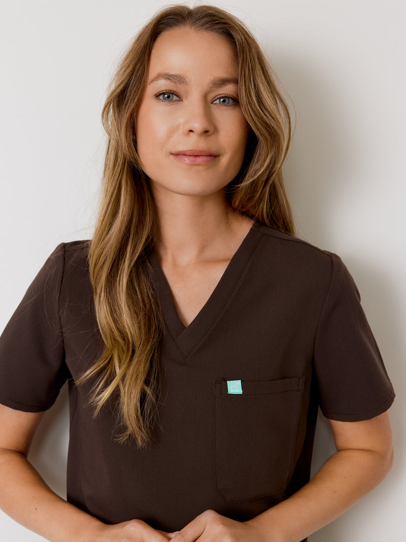 GABRIELLE RE-GARDE™ - CHOCOLATE - One Pocket Scrub Top - SILVADUR™