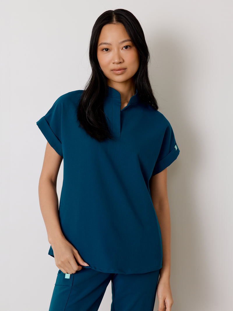 CHARLIE RE-GARDE™ - OPAL BLUE - Mandarine Collar Scrub Top - SILVADUR™