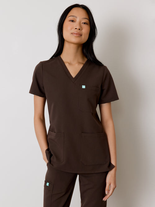 CHLOE RE-GARDE™ - CHOCOLATE - Three Pockets Scrub Top - SILVADUR™