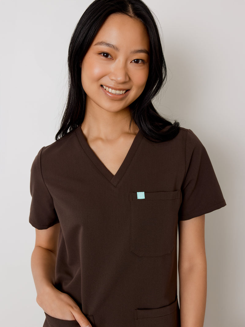 CHLOE RE-GARDE™ - CHOCOLATE - Three Pockets Scrub Top - SILVADUR™