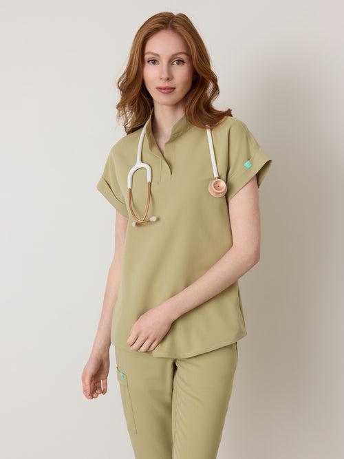 CHARLIE RE-GARDE™ - SAGE - Mandarine Collar Scrub Top - SILVADUR™