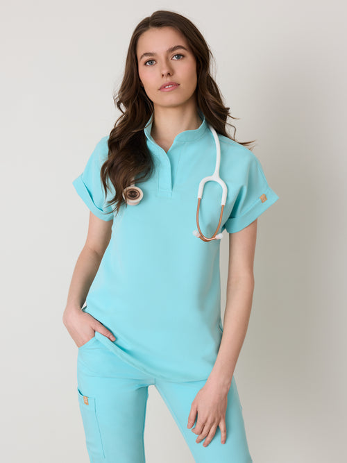 CHARLIE RE-GARDE™ - OCEAN TIDE - Mandarine Collar Scrub Top - SILVADUR™