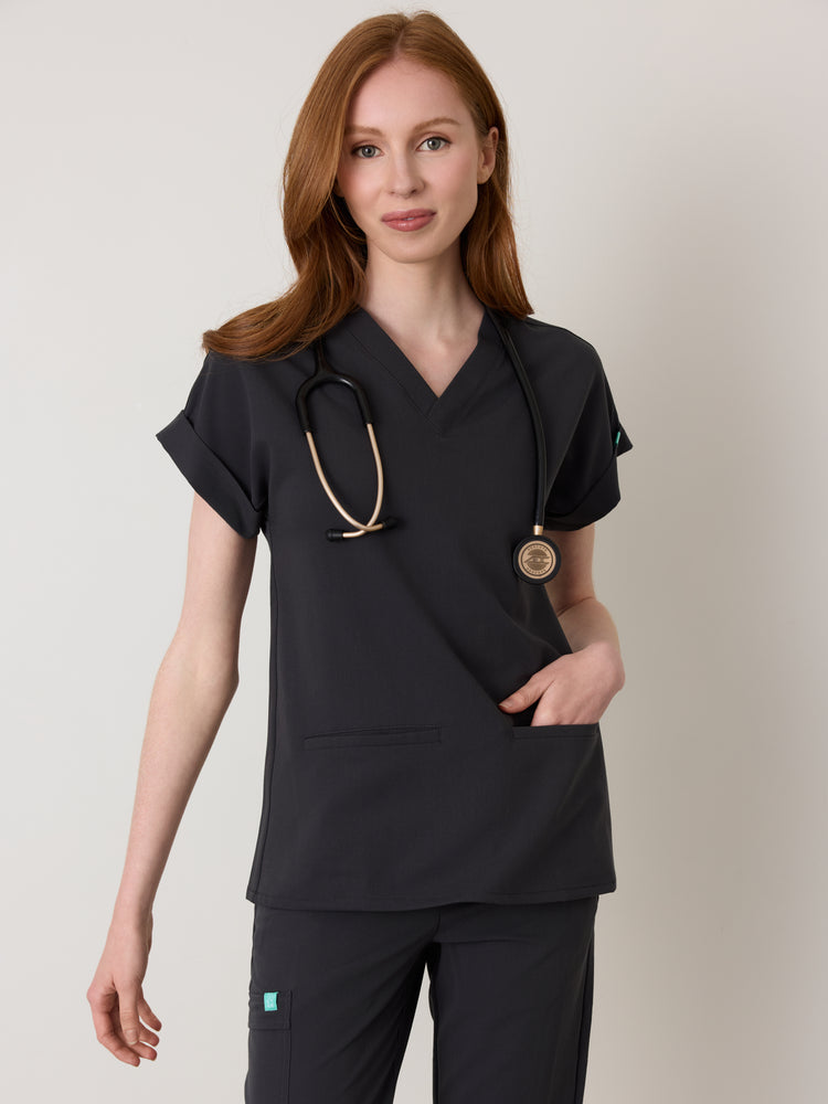 HALLI RE-GARDE™ - CHARCOAL - Loose Fit Scrub Top - SILVADUR™