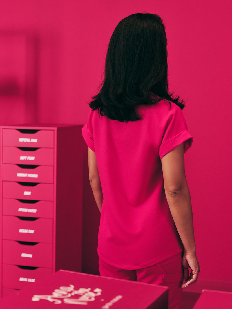CHARLIE RE-GARDE™ - VIBRANT FUCHSIA - Mandarine Collar Scrub Top - SILVADUR™