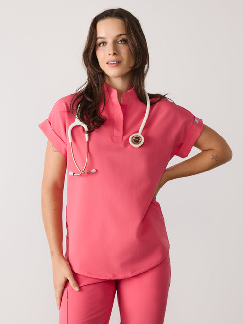 CHARLIE RE-GARDE™ - WARM EMBER - Mandarine Collar Scrub Top - SILVADUR™