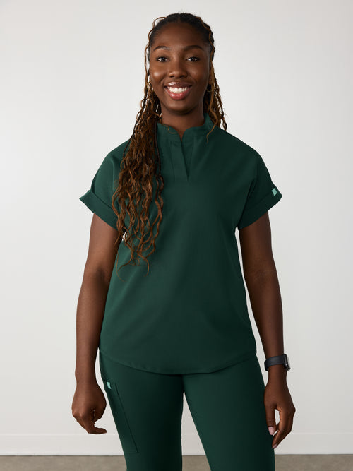 CHARLIE RE-GARDE™ - FOREST GREEN - Mandarine Collar Scrub Top - SILVADUR™