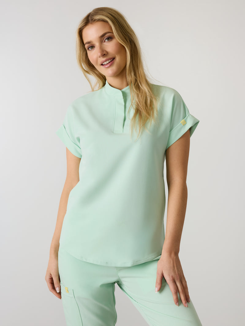 CHARLIE RE-GARDE™ - MISTY MINT - Mandarine Collar Scrub Top - SILVADUR™