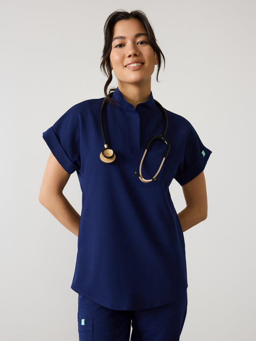 CHARLIE RE-GARDE™ - MODERN NAVY - Mandarine Collar Scrub Top - SILVADUR™