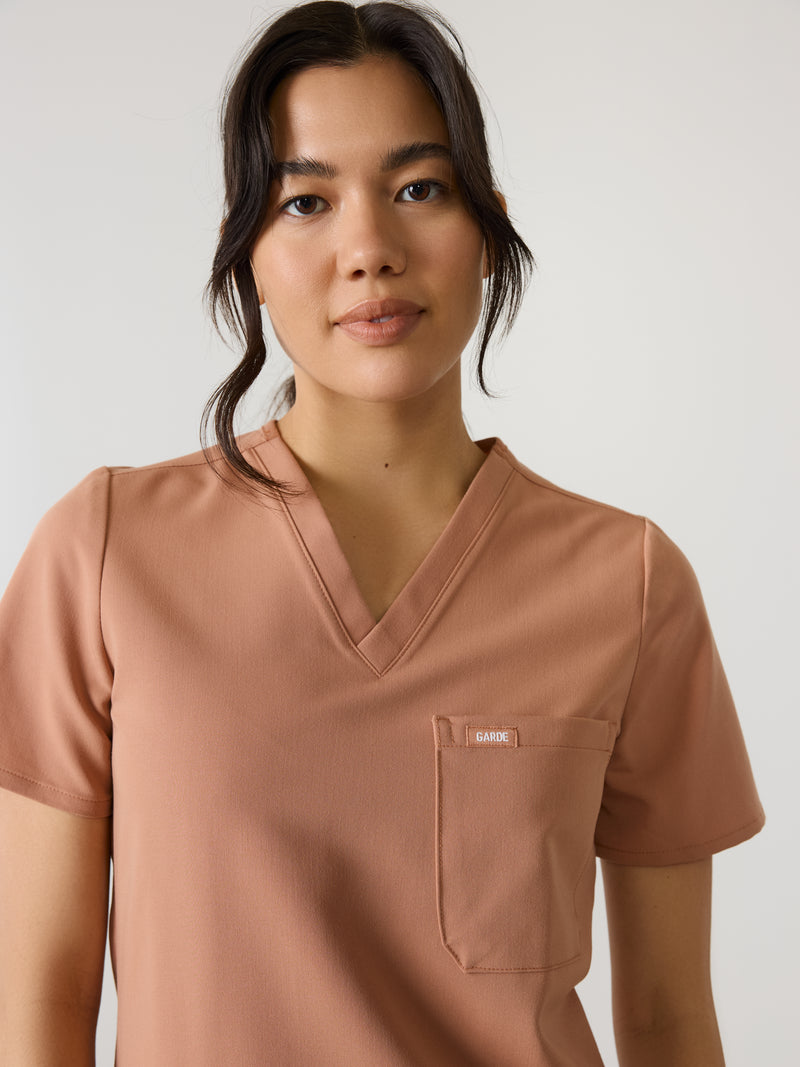 GABRIELLE RE-GARDE™ - MOCHA - One Pocket Scrub Top - SILVADUR™