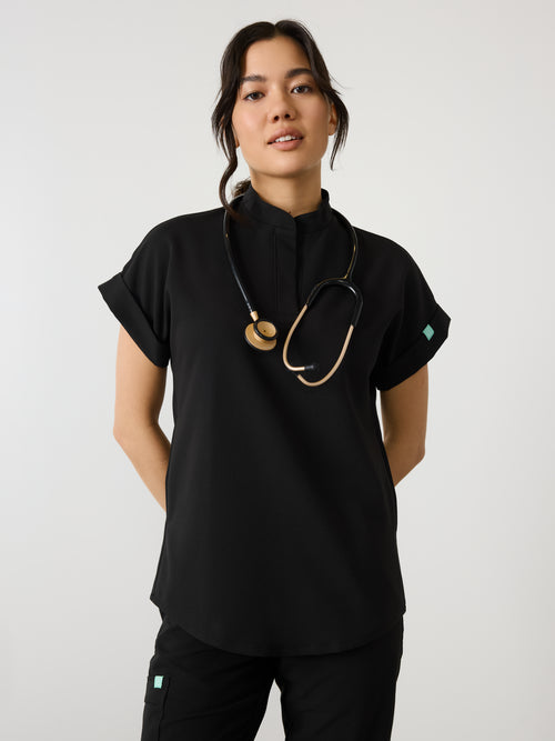 CHARLIE RE-GARDE™ - BLACK - Mandarine Collar Scrub Top - SILVADUR™