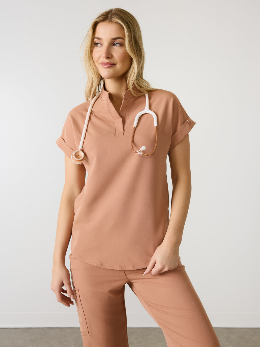 CHARLIE RE-GARDE™ - MOCHA - Mandarine Collar Scrub Top - SILVADUR™