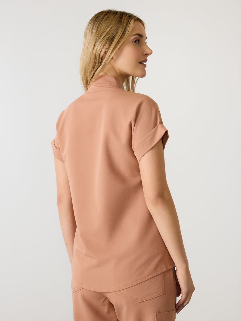 CHARLIE RE-GARDE™ - MOCHA - Mandarine Collar Scrub Top - SILVADUR™