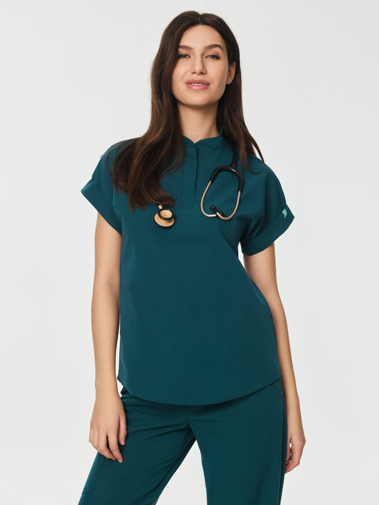 CHARLIE RE-GARDE™ - TEAL - Mandarine Collar Scrub Top - SILVADUR™