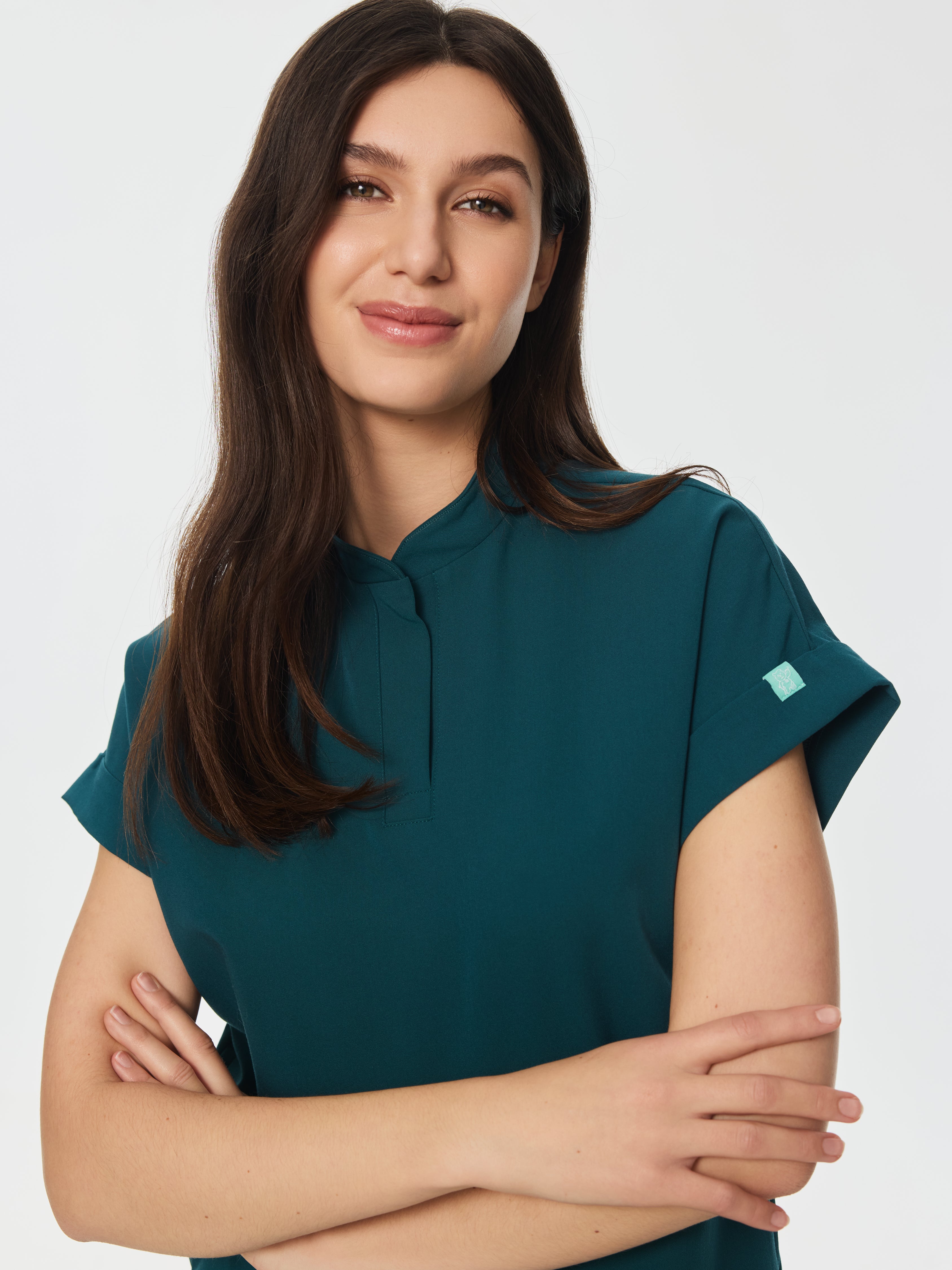 CHARLIE RE-GARDE™ - TEAL - Mandarine Collar Scrub Top - SILVADUR™