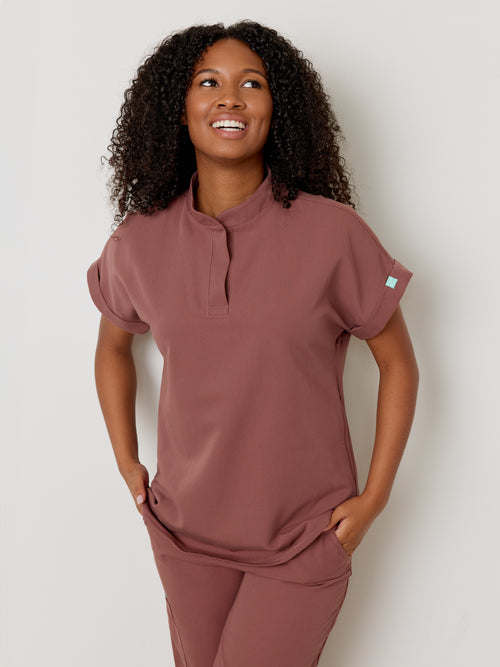 CHARLIE RE-GARDE™ - MAROON - Mandarine Collar Scrub Top - SILVADUR™