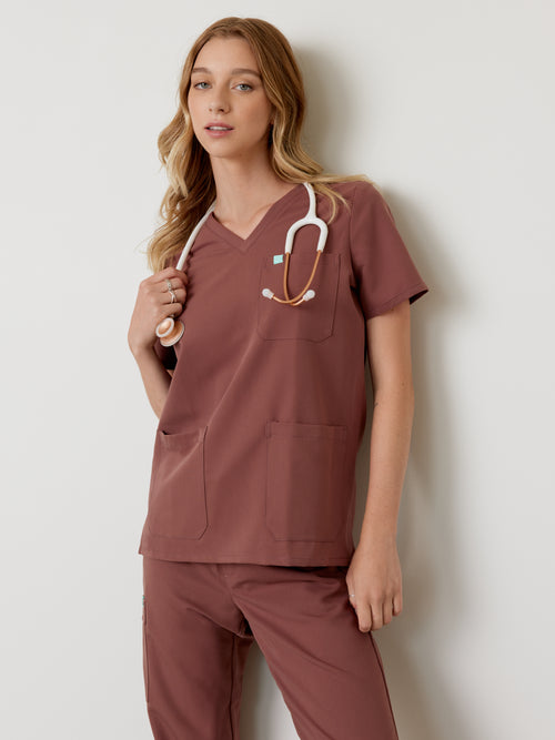 CHLOE RE-GARDE™ - MAROON - Three Pockets Scrub Top - SILVADUR™