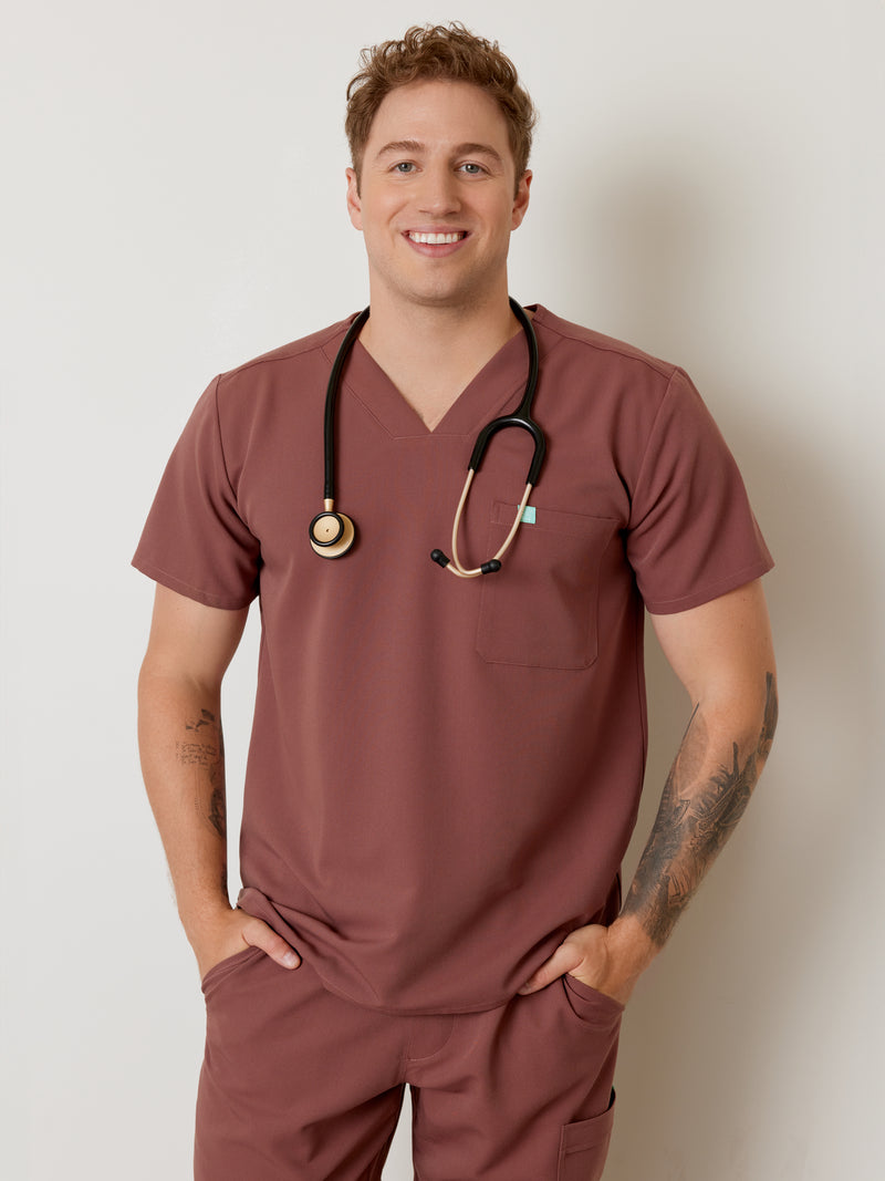 LOGAN RE-GARDE™ - MAROON - One Pocket Men's Scrub Top - SILVADUR™