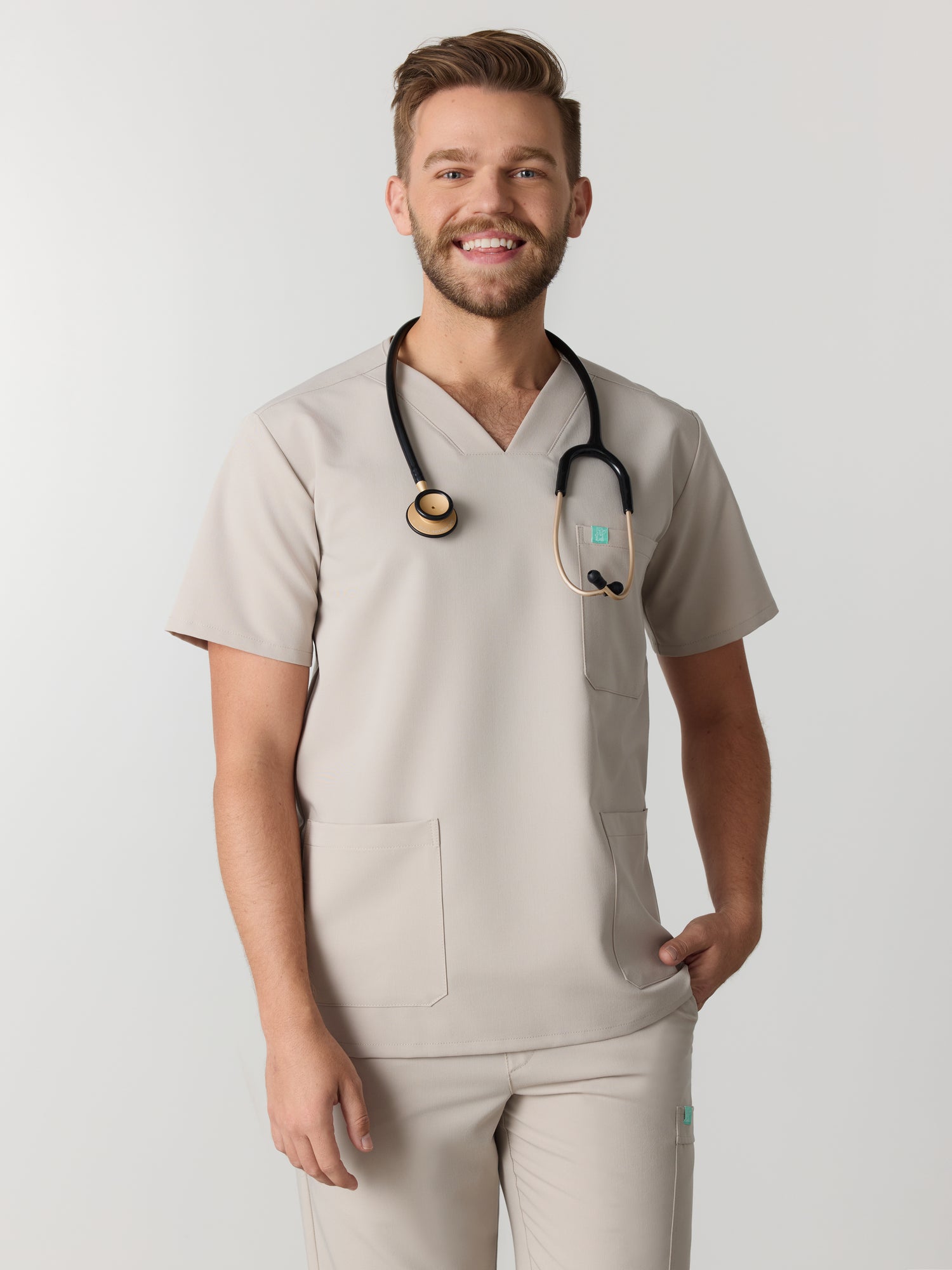 ZACK RE-GARDE™ - GREIGE - Three Pockets Men's Scrub Top - SILVADUR™
