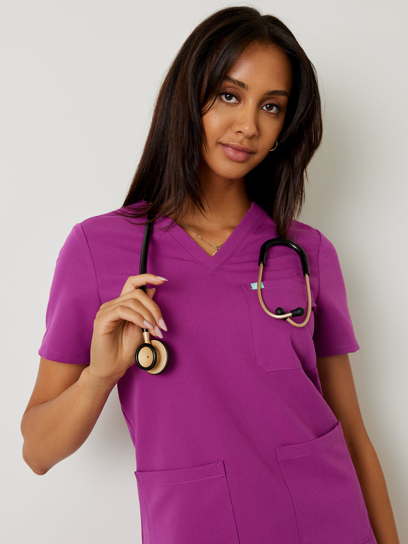 CHLOE RE-GARDE™ - DAMSON PURPLE - Three Pockets Scrub Top - SILVADUR™