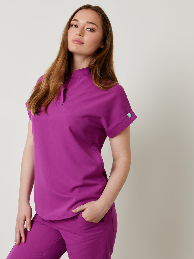 CHARLIE RE-GARDE™ - DAMSON PURPLE - Mandarine Collar Scrub Top - SILVADUR™