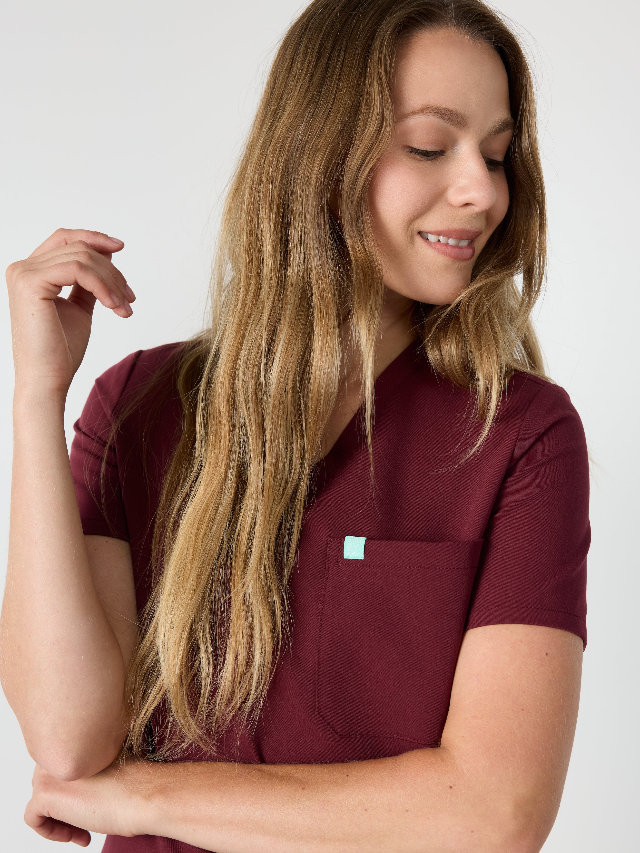 GABRIELLE RE-GARDE™ - BURGUNDY - One Pocket Scrub Top - SILVADUR™