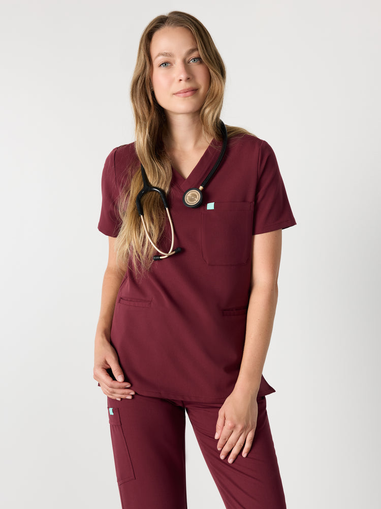 LIV RE-GARDE™ - BURGUNDY - Three Pockets Scrub Top - SILVADUR™