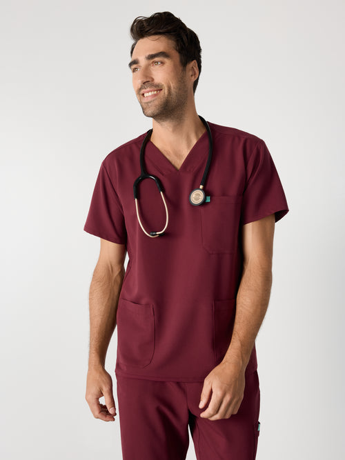 ZACK RE-GARDE™ - BURGUNDY - Three Pockets Men's Scrub Top - SILVADUR™