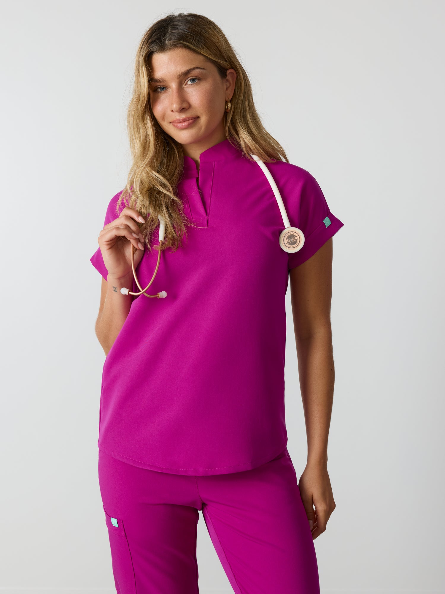 CHARLIE RE-GARDE™ - MAGENTA - Mandarine Collar Scrub Top - SILVADUR™