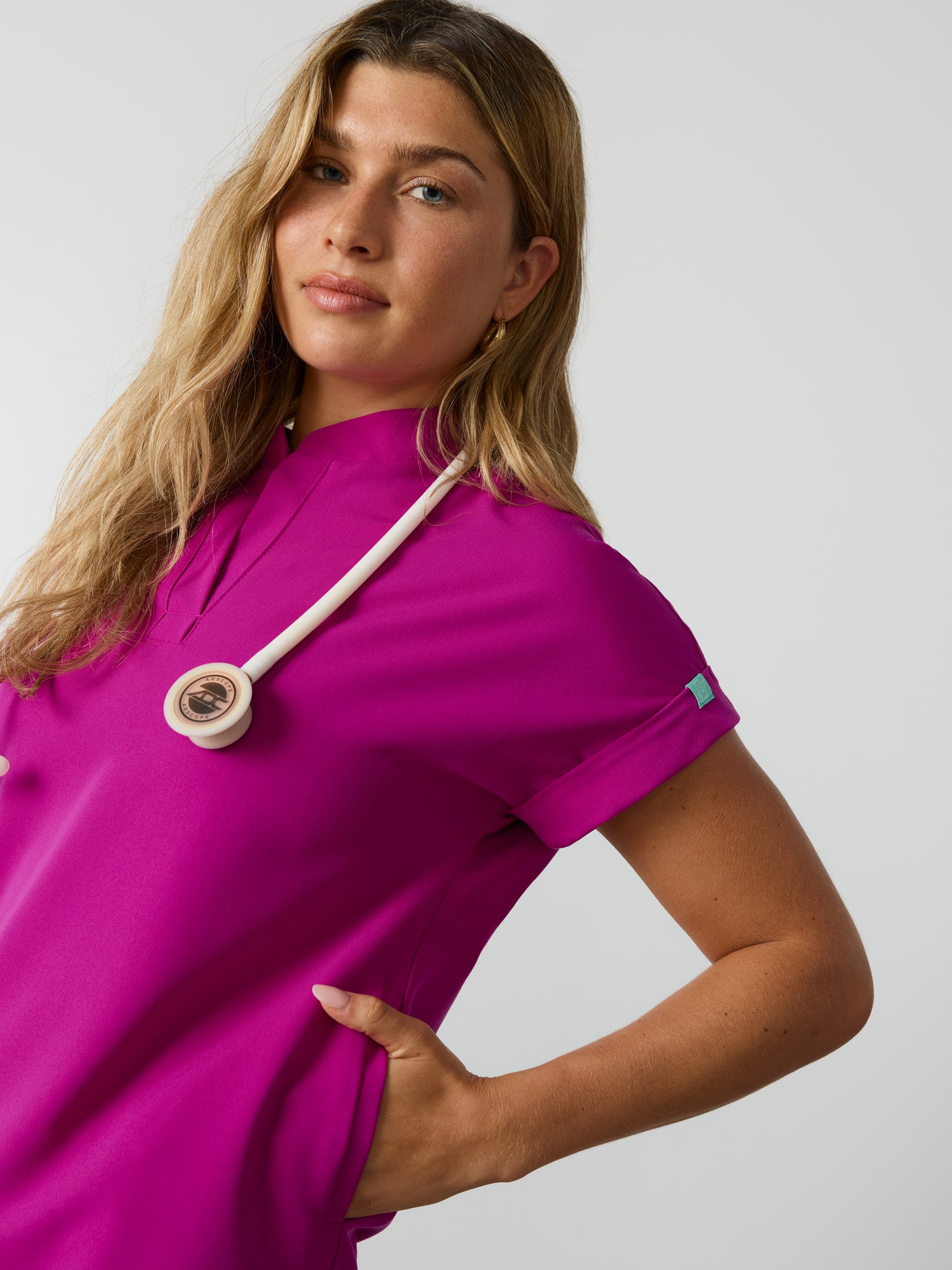 CHARLIE RE-GARDE™ - MAGENTA - Mandarine Collar Scrub Top - SILVADUR™