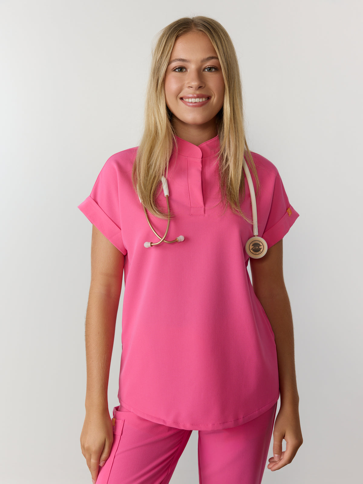 CHARLIE RE-GARDE™ - SUNRISE PINK - Mandarine Collar Scrub Top - SILVADUR™