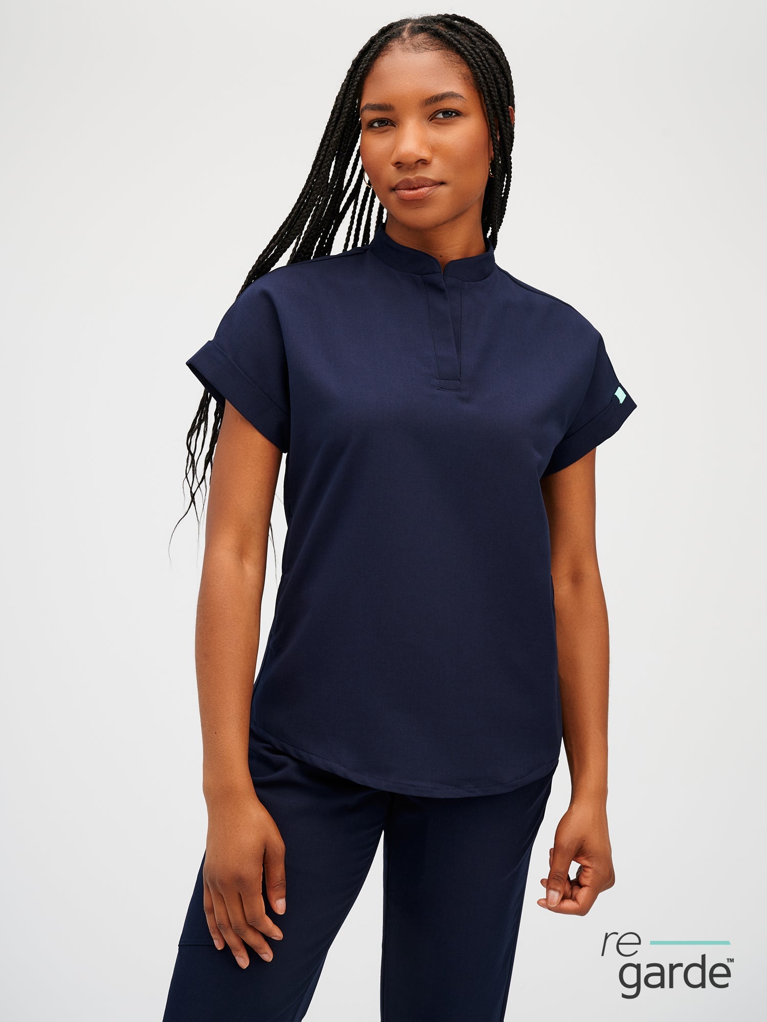 CHARLIE RE-GARDE™ - NAVY - Mandarine Collar Scrub Top - SILVADUR™ - Final Sale